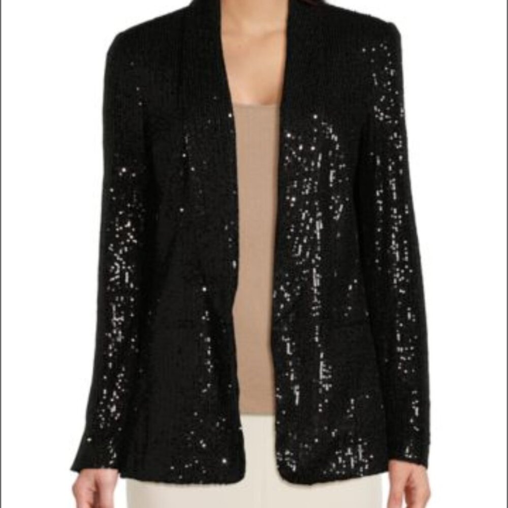 DKNY Donna Karan Black sequin Jersey Knit  Open Lapel Blazer